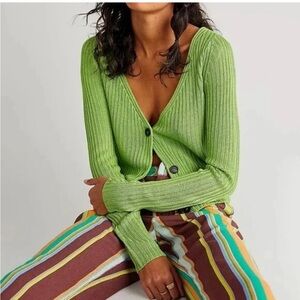 Free People Green Ribbed Women's Sweater Cardigan XS